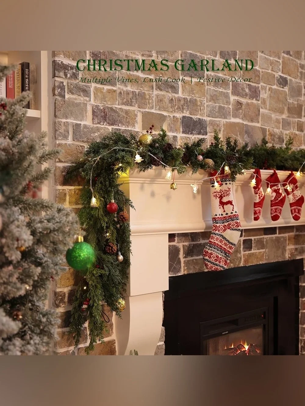 6 Feet Christmas Garland Decorations - Real Touch Cedar - Free LED String Lights